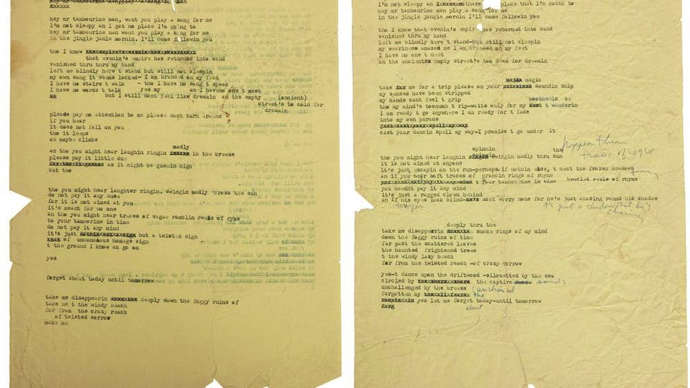 Che cifra. Le bozze del testo di «Mr. Tambourine Man» di Bob Dylan vendute per oltre mezzo milione di dollari