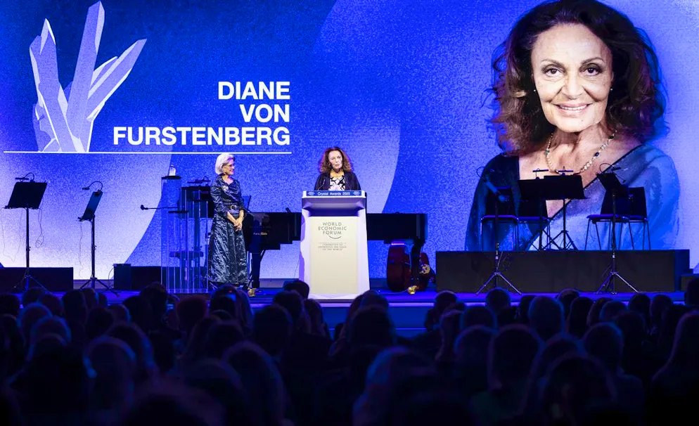 WEF Crystal Award. Diane von Fürstenberg, Belgian-American fashion designer and creator of the wrap dress, received an award for her commitment to women's rights. She is a leading voice in the movement for gender equality, according to the WEF jury.