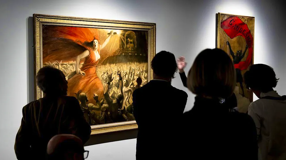 "Le cri des opprimés ou La Liberatrice" (1909; Engl: The Cry of the Oppressed or the Liberator) is the title of a painting by the artist Theophile-Alexandre Steinlen. It can be seen at the Fondation de l'Hermitage in Lausanne in the exhibition "Art Treasures from the Petit Palais in Geneva".