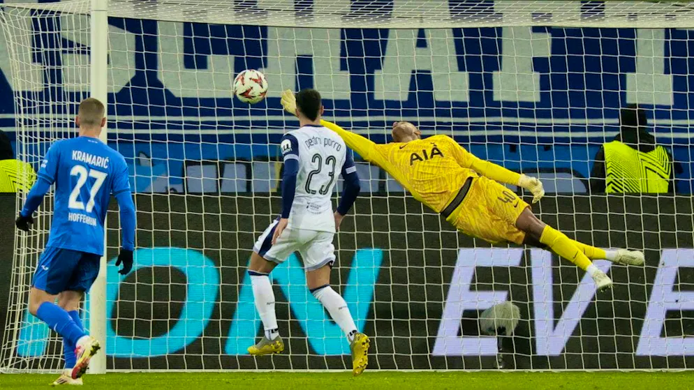 Tottenham goalkeeper Brandon Austin stretches himself