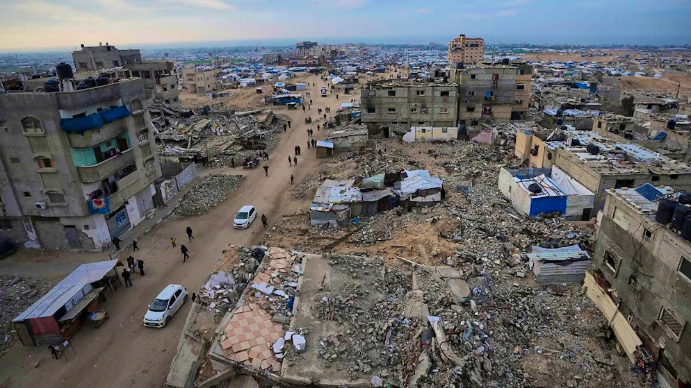 ARCHIVE - A tent camp for displaced Palestinians is set up amidst destroyed buildings in the refugee camp of Chan Junis in the Gaza Strip. Photo: Abdel Kareem Hana/AP/dpa