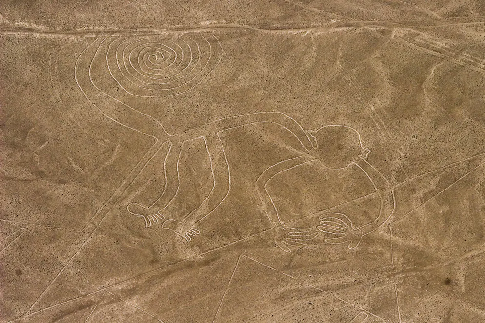 Théorie des anciens astronautes. Photo aérienne du singe Nazca (83m / 70m) tracé entre 200 av.J.-C. et l'an 400.