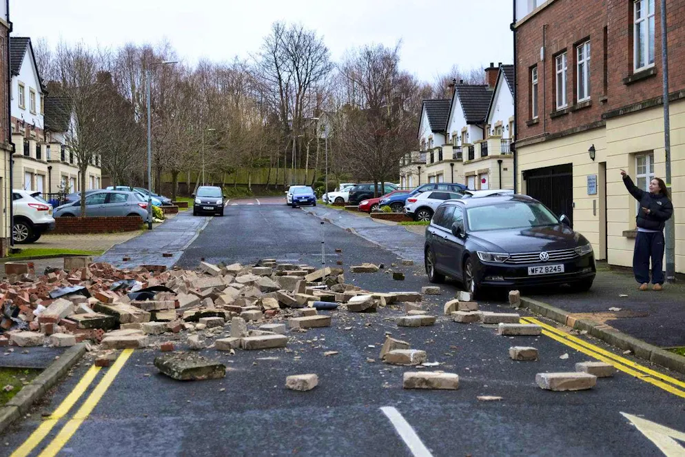 A brick wall has collapsed in Belfast during the storm.