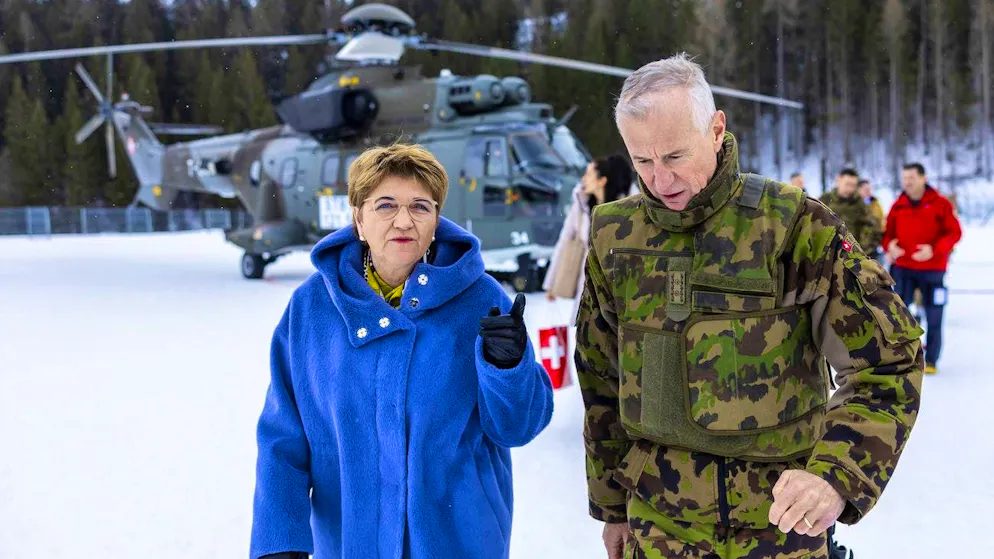 Federal Councillor Viola Amherd (left) - pictured here with Division Commander Maurizio Dattrino during a visit to the troops at the WEF in Davos on Wednesday - would have liked to have canceled the army's drone project three years ago, which had been criticized.