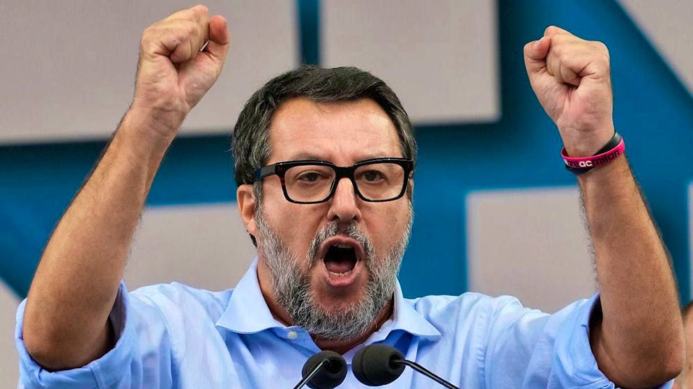 ARCHIVE - Italian Infrastructure Minister and leader of the Italian right-wing party Lega, Matteo Salvini, speaks at the Lega's annual meeting in Pontida, north of Milan. Photo: Antonio Calanni/AP/dpa