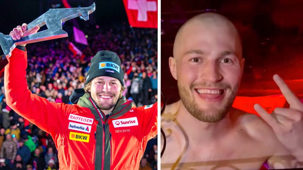 Zwischen diesen beiden Bildern liegen nur wenige Stunden – Alexis Monney kam am Samstag nicht aus dem Feiern heraus.