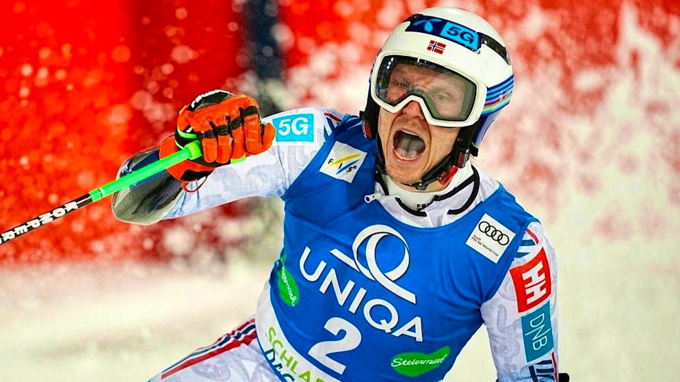 Henrik Kristoffersen lets off steam after crossing the finish line in Schladming.