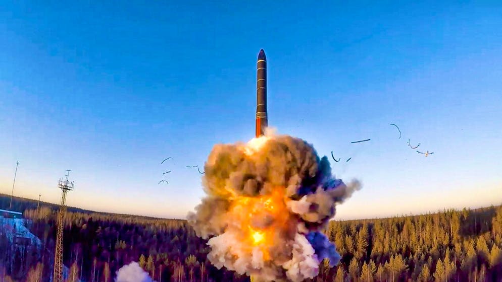 An intercontinental ballistic missile is launched as part of a ground-based test in Russia.