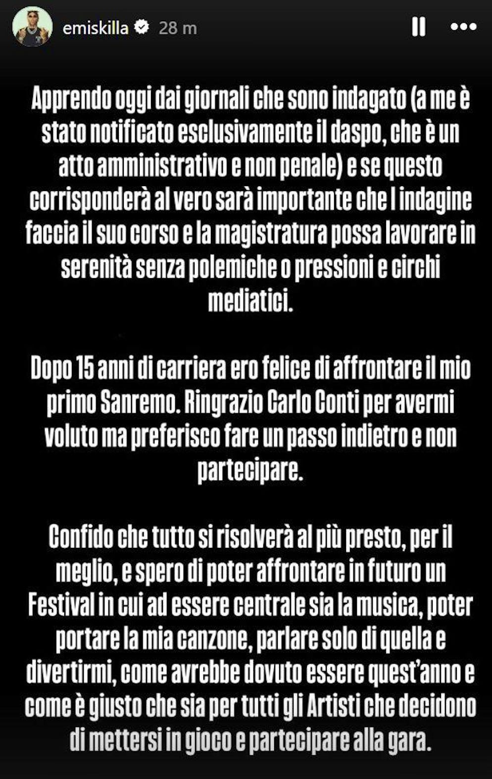 La storia di Instagram di Emis Killa