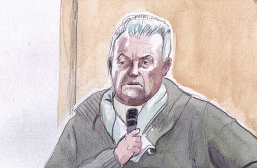 Dessin représentant Dominique Pelicot, réalisé lors du procès des viols de Mazan.