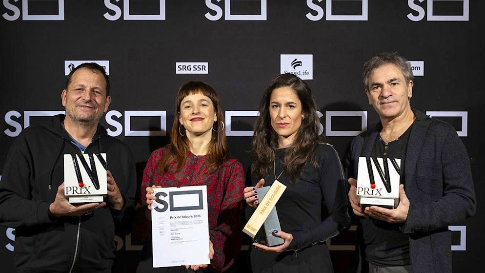 Swiss producer Frank Matter, winner of the "Prix du Public" with "Quir", producer Nadine Luechinger and director Maja Tschumi, winner of the "Prix de Soleure" with "Immortals", and Italian director Nicola Bellucci, winner of the "Prix du Public" with "Quir" (from left).