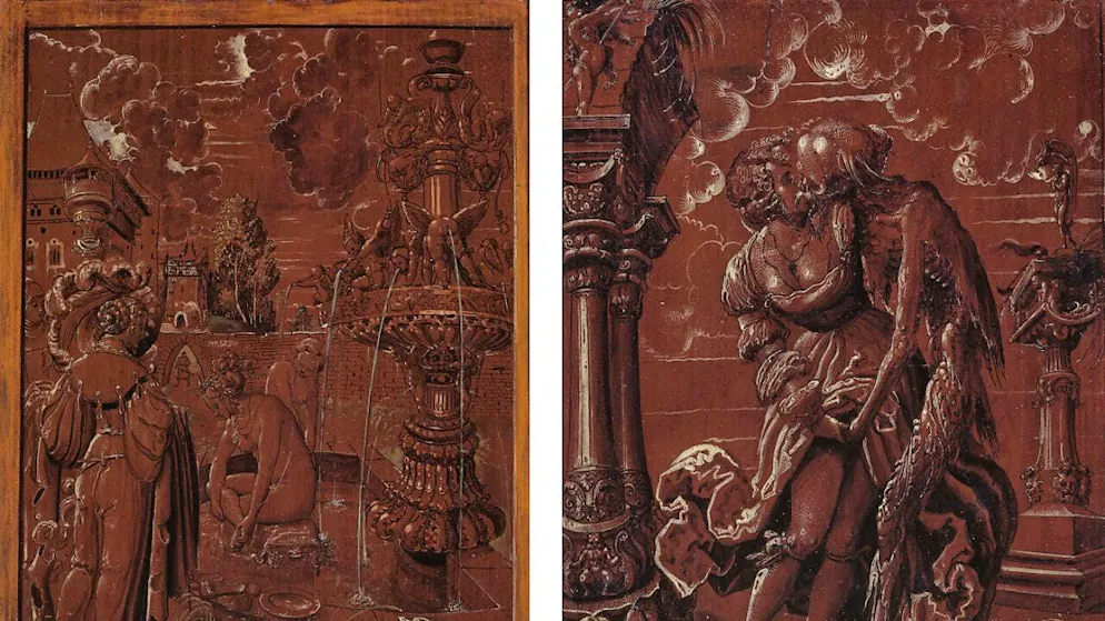 The Kunstmuseum Basel reveals surprising backs of paintings - Gallery. A double painting by Niklaus Manuel gen. Deutsch (1517) with the erotic depiction of a bathing nude on the front and the explicit visitation of a prostitute by Death, who kisses her and reaches into her crotch on the once hidden back.