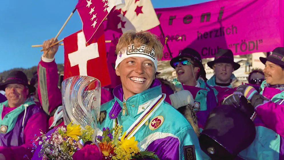 Ein Rückblick auf die Ski-WM 1991 in Saalbach-Hinterglemm - Gallery. Chantal Bournissen und ihre Fans freuen sich über den WM-Titel in der Kombination