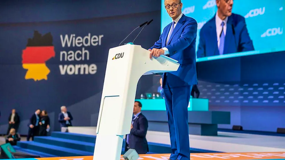 Friedrich Merz, CDU candidate for chancellor and CDU federal chairman, speaks at the 37th federal party conference of the CDU. The CDU wants to adopt an "immediate program" at the party conference, which is to be implemented immediately after the Bundestag elections when a government is formed. Photo: Michael Kappeler/dpa