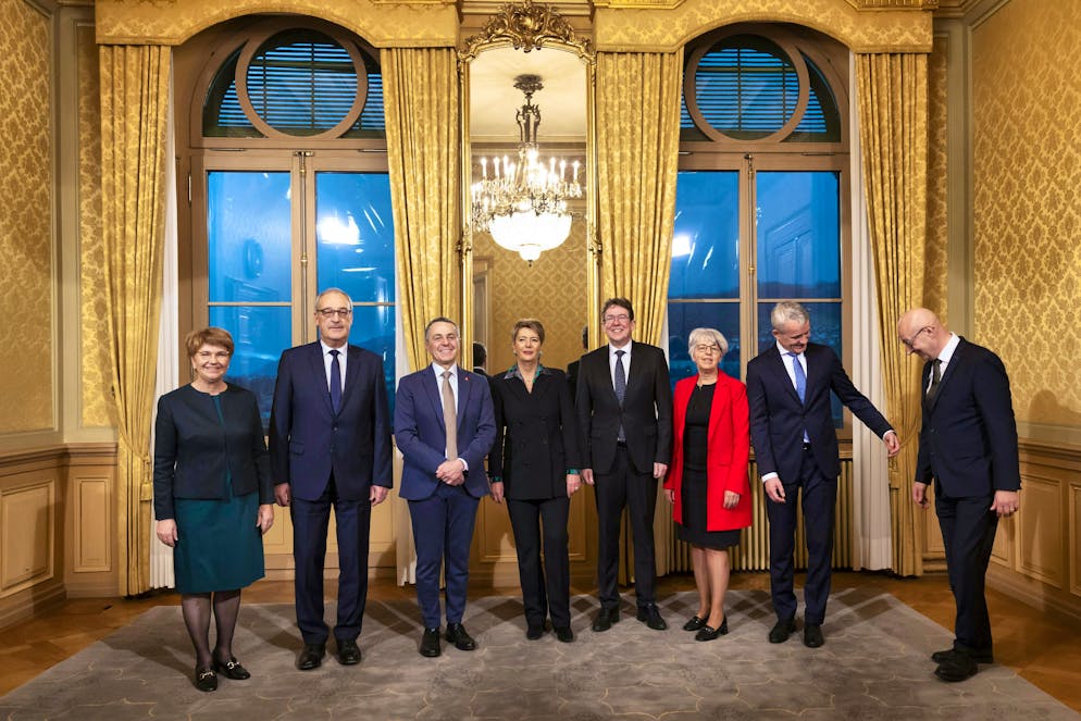 The seven Federal Councillors until the end of March: Viola Amherd, Guy Parmelin, Ignazio Cassis, Karin Keller-Sutter, Albert Rösti, Elisabeth Baume-Schneider and Beat Jans.