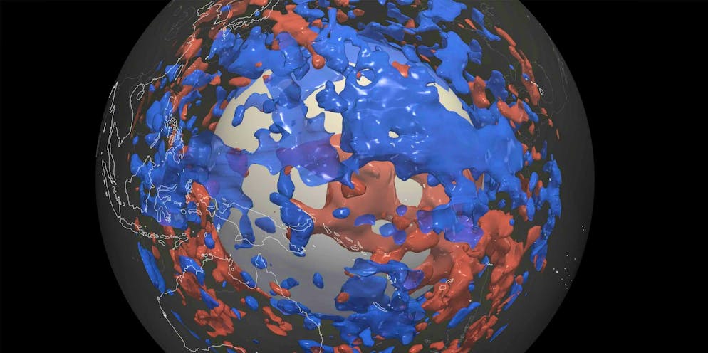 Les ondes sismiques se déplacent plus lentement dans les zones rouges et plus rapidement dans les zones bleues : un nouveau modèle de l'EPFZ montre soudain une zone bleue dans le Pacifique ouest, à laquelle personne ne s'attendait.