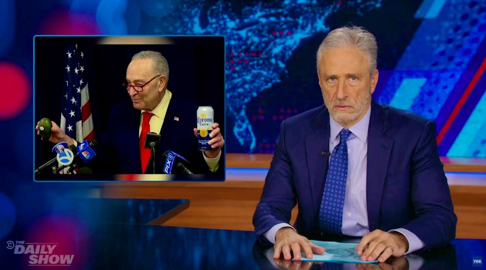 John Stewart's face speaks volumes: "Your answer to the trade war is to fucking tell us that guacamole is made from avocados?"