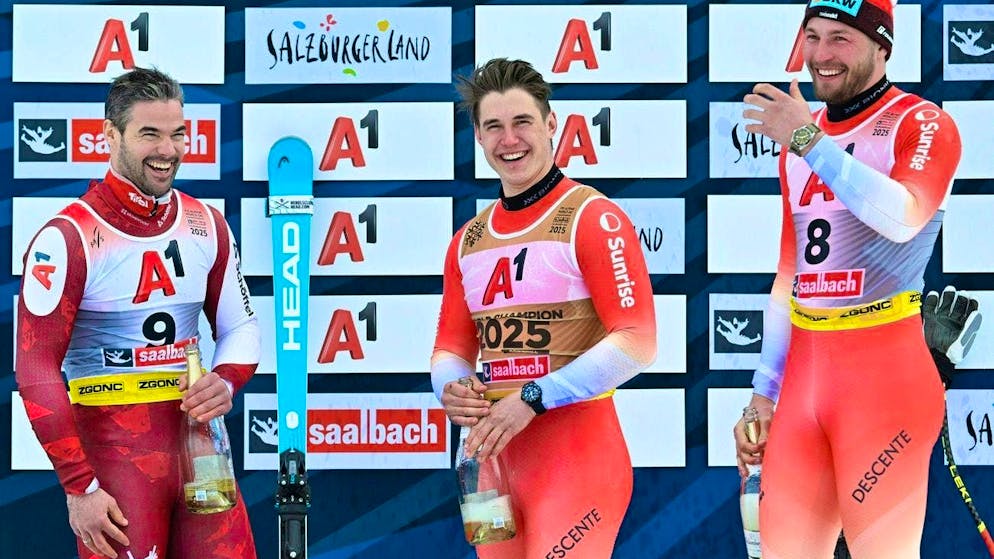 The downhill podium at the World Championships in Saalbach: Vincent Kriechmayr, Franjo von Allmen and Alexis Monney.