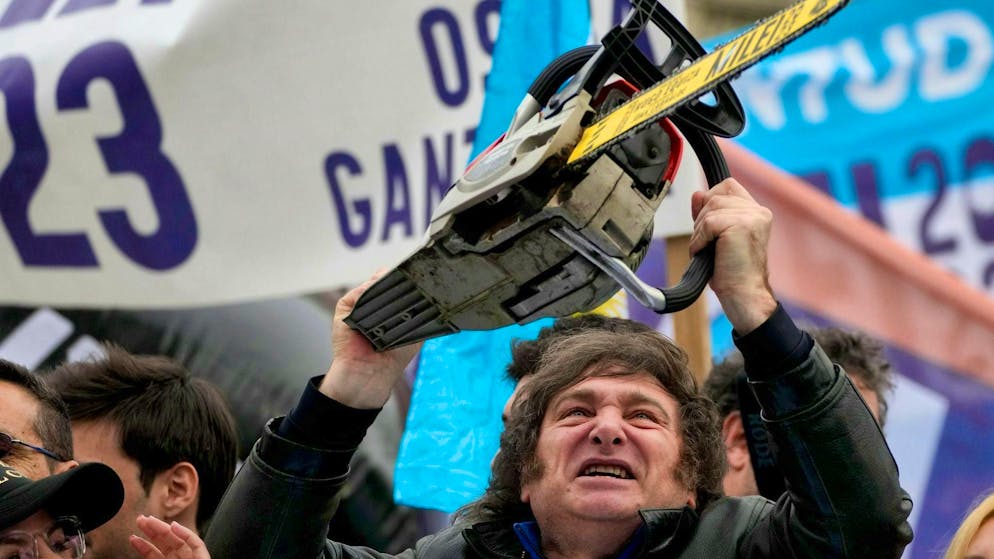 The man with the chainsaw: Javier Milei at an election rally.
