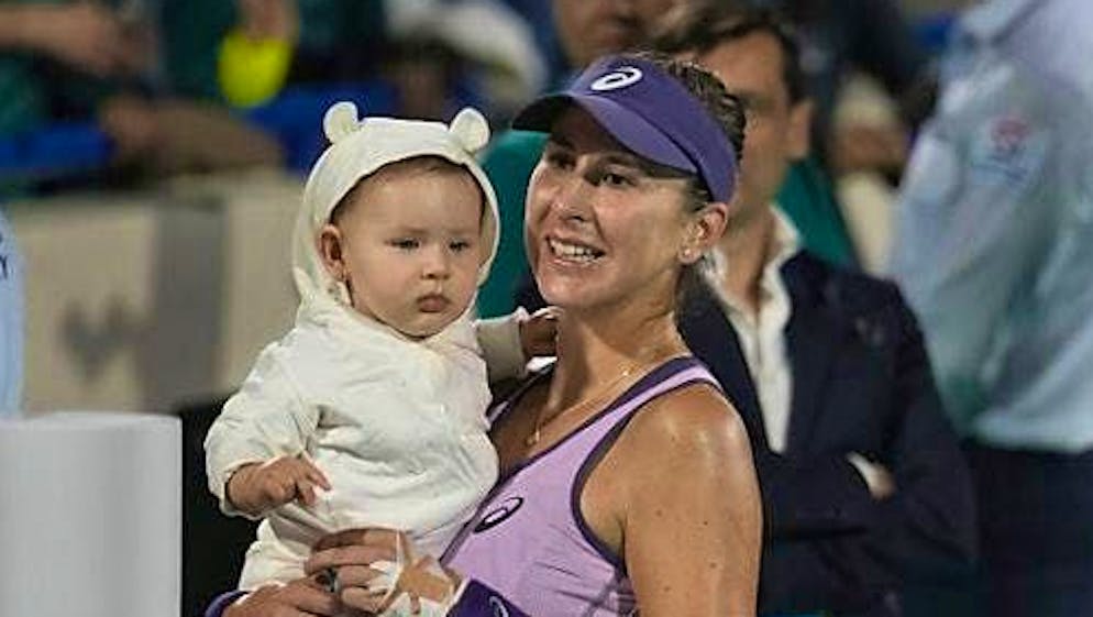 Belinda Bencic celebrates with her daughter Bella after winning the tournament in Abu Dhabi.