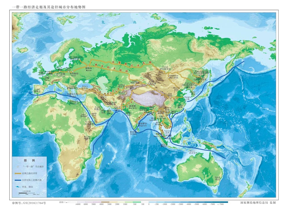 Topographic map of the Belt and Road Economic Corridor and its pathway cities