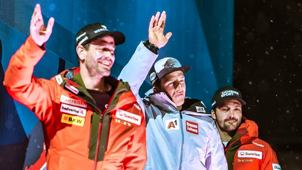 World champion Raphael Haaser (center) with Thomas Tumler (left) and Loïc Meillard.