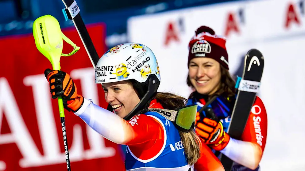 Camille Rast and Wendy Holdener celebrate gold and silver.