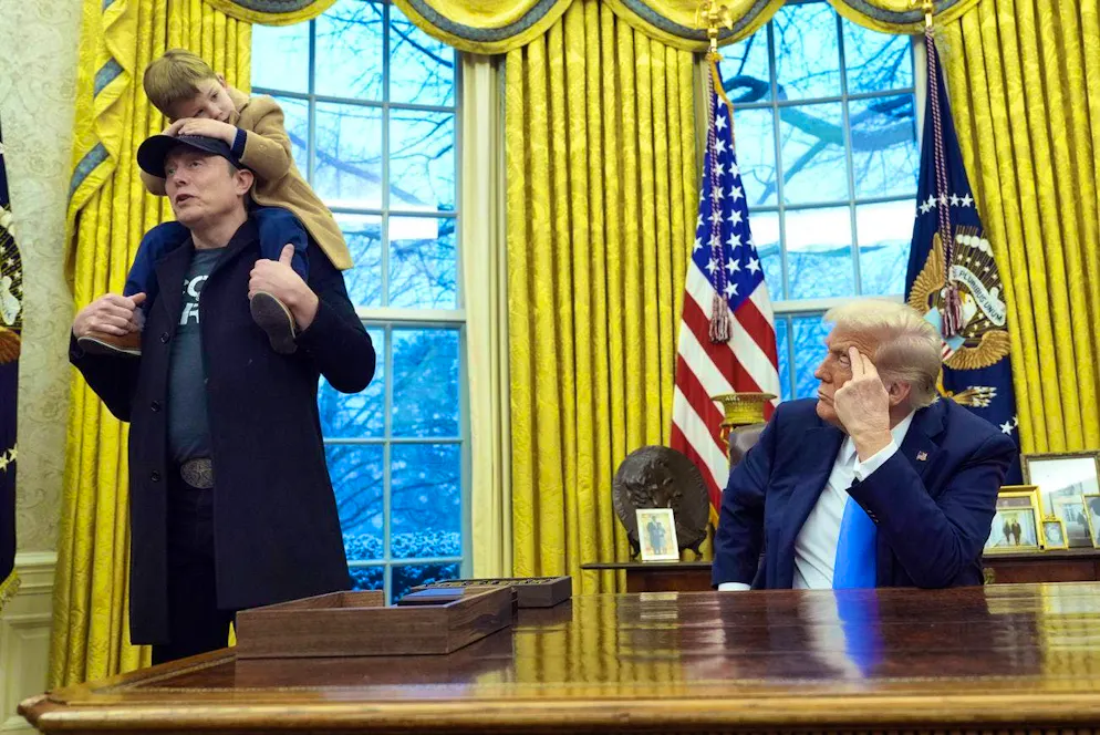 Little control: Elon Musk with son X Æ A-Xii at a press conference with Trump at the White House on February 11.