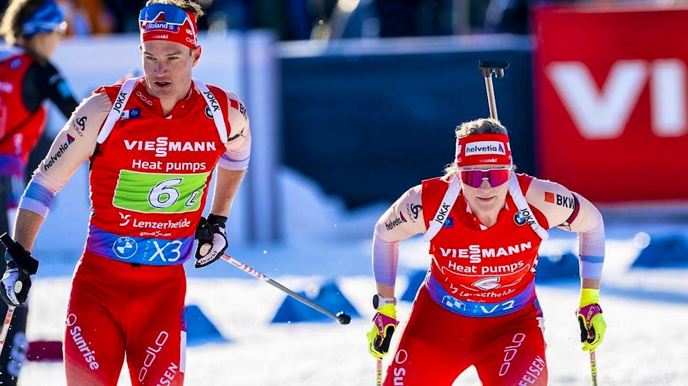 Amy Baserga (r.) and Niklas Hartweg finish 4th in the single mixed relay, missing out on the first Swiss World Championship medal by four seconds.