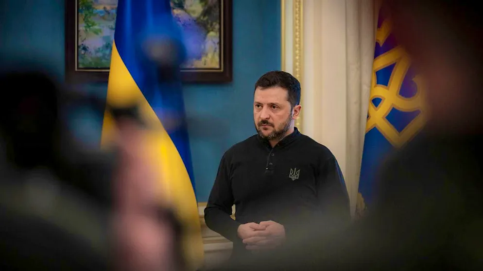 Ukrainian President Volodymyr Zelensky speaks during a press briefing in Kiev.