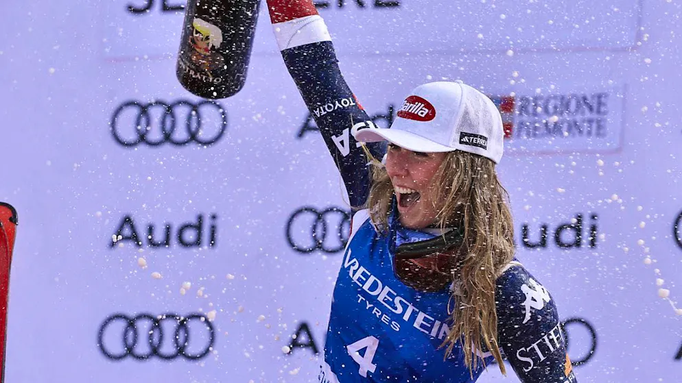 Mikaela Shiffrin celebrates her 100th World Cup victory