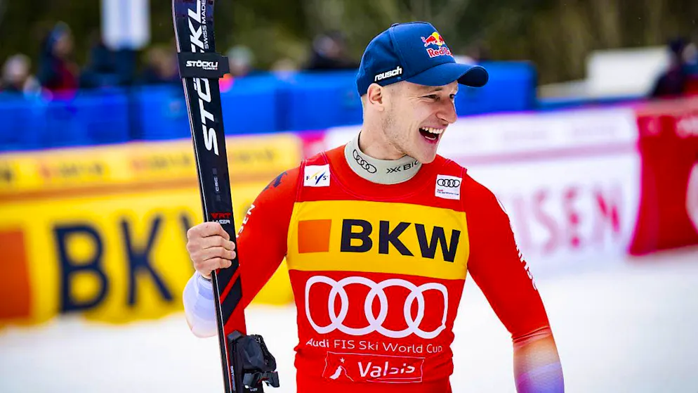 Marco Odermatt has a good laugh after his super-G victory in Crans-Montana