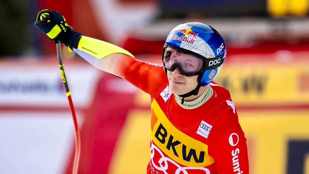 Marco Odermatt celebrates in the finish area in Crans-Montana after his successful Super-G run