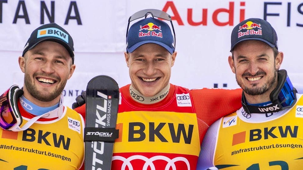 Dominik Paris (right) finishes on the podium in Crans-Montana for the first time since February 2024 Victory in Crans-Montana goes to Marco Odermatt, with Alexis Monney (left) in second place.