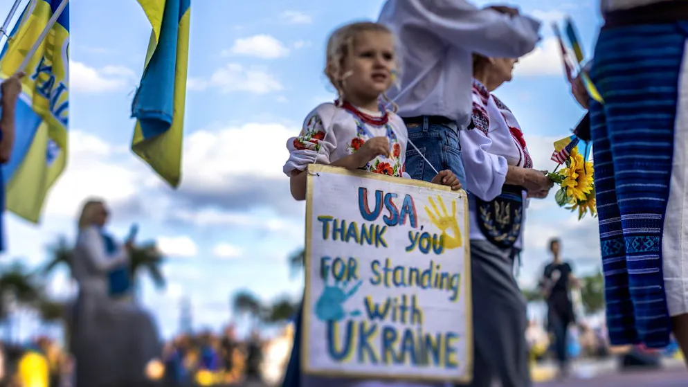 Von den Organisationen United+/United Against Trumpism am Sonntag in Palm Beach (Florida) organisierter Protest gegen die Ukraine-Politik des US-Präsidenten.