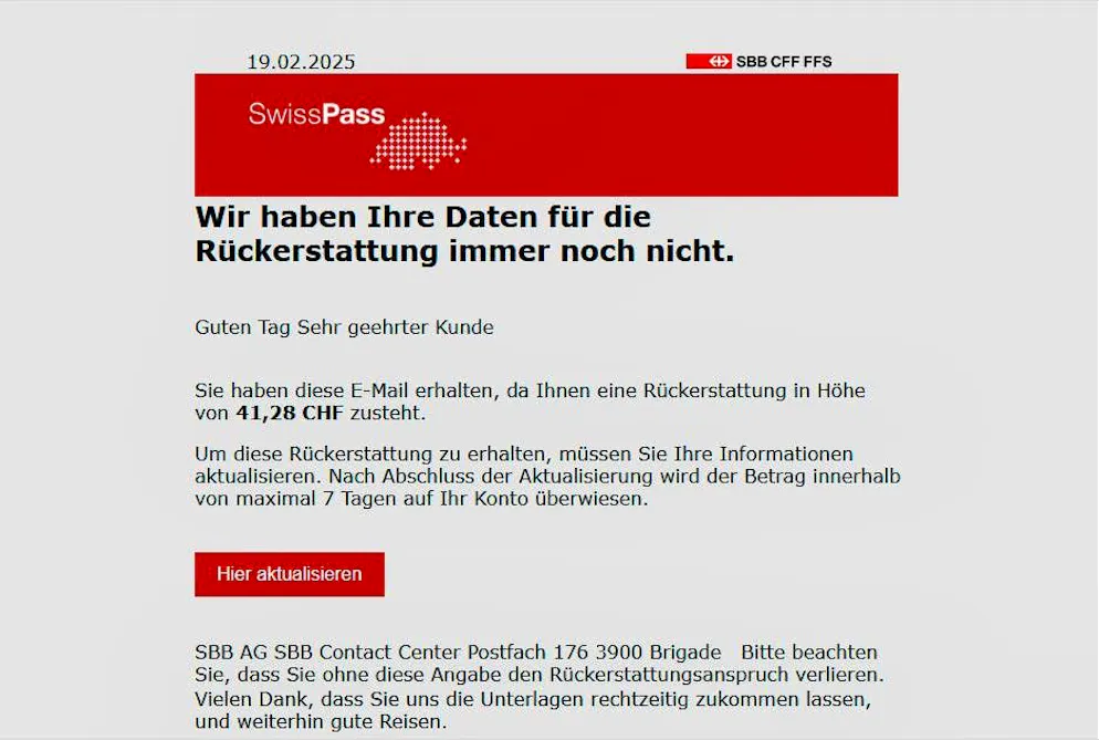 This is what the latest emails from SwissPass fraudsters look like.