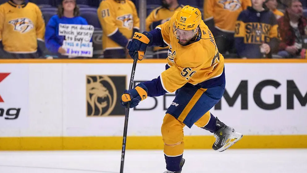 It is not yet clear when Roman Josi, in this scene during pre-game warm-ups, will be able to return to the ice