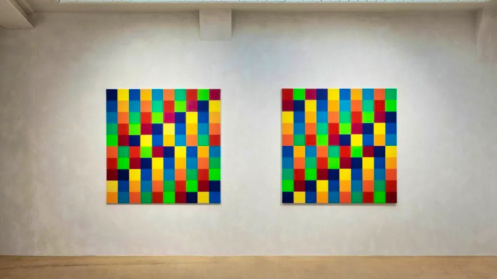 Two variations of "Zehn ineinandergehende systematische Farbreihen in zwei horizontalen Gruppen" (from 1943) by Richard Paul Lohse, on show at Galerie Hauser & Wirth, Basel.