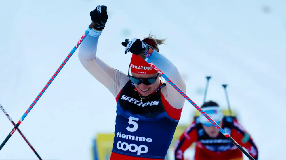 So möchte Nadine Fähndrich auch am Donnerstag in Trondheim jubeln: Anfang Januar gewann sie den Weltcupsprint im Val di Fiemme
