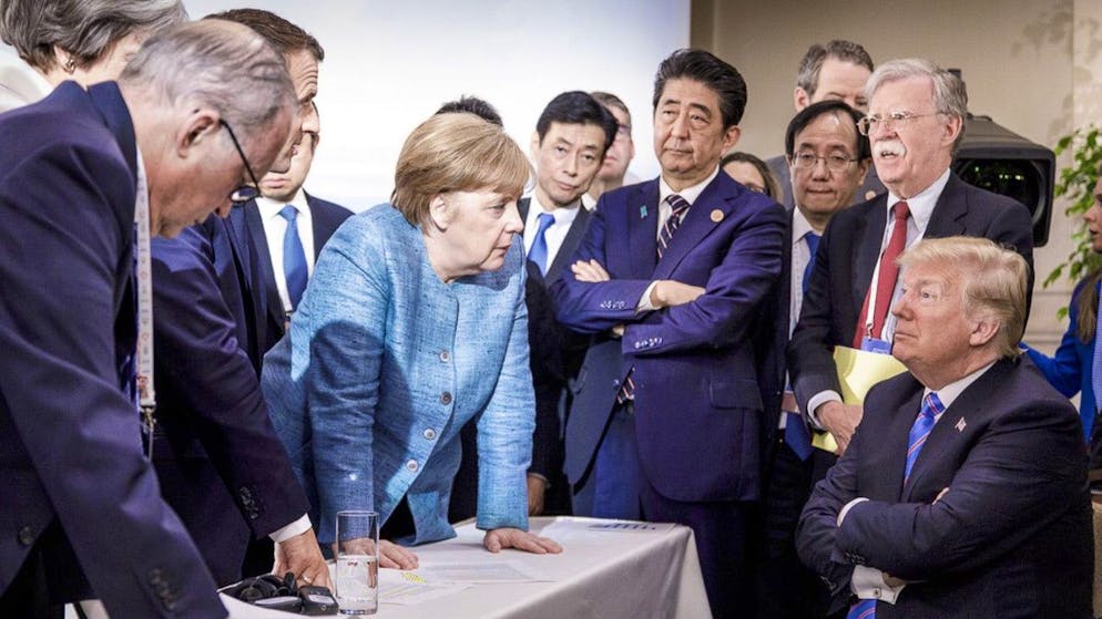 «Europa ist wie der 49-Jährige, der noch immer bei den Eltern wohnt»: Das Bild zeigt Donald Trump (rechts) mit der deutschen Kanzlerin Angela Merkel (Mitte) und weiteren Politikern im Juni 2018 beim G7-Gipfel im kanadischen La Malbaie.