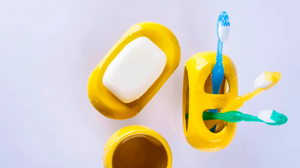 Also get clean in the dishwasher: soap and toothbrush holders.