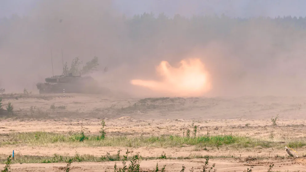 A Leopard 2 main battle tank during the Steadfast Defender large-scale NATO maneuver in Lithuania.
