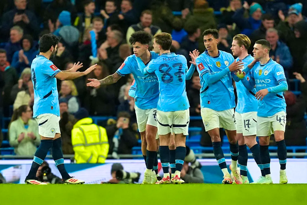 Manchester City avoid embarrassment against cup shockers - Gallery. Scored twice for Manchester City after falling behind: Nico O'Reilly (2nd from left) 