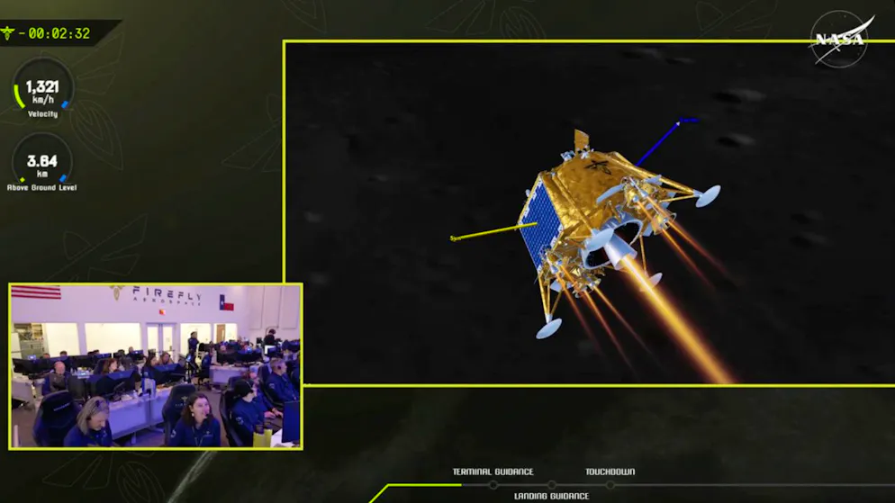 Die private Mondlandefähre «Blue Ghost» mit einer Sonderlieferung für die Nasa landet auf dem Mond. Foto: Uncredited/NASA/Firefly Aerospace/AP/dpa - ACHTUNG: Nur zur redaktionellen Verwendung im Zusammenhang mit der aktuellen Berichterstattung und nur mit vollständiger Nennung des vorstehenden Credits
