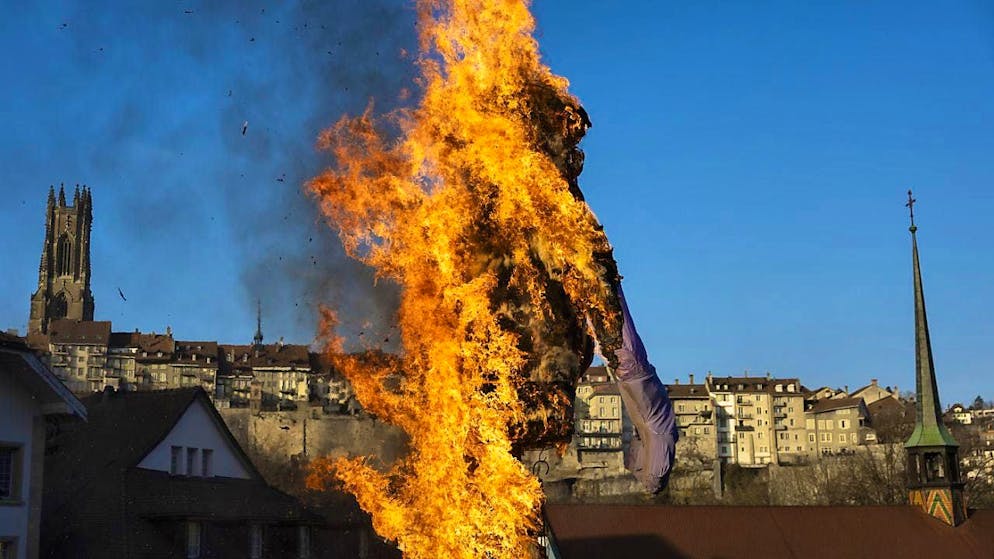 The Rababou was on fire after the Carnaval des Bolzes parade in Fribourg's lower town.