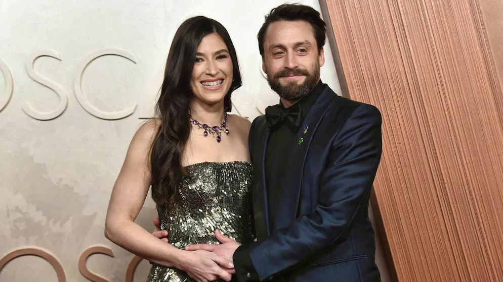Oscar winner Kieran Culkin (right) with his wife, actress Jazz Charton at the Oscars in Los Angeles on Sunday afternoon.