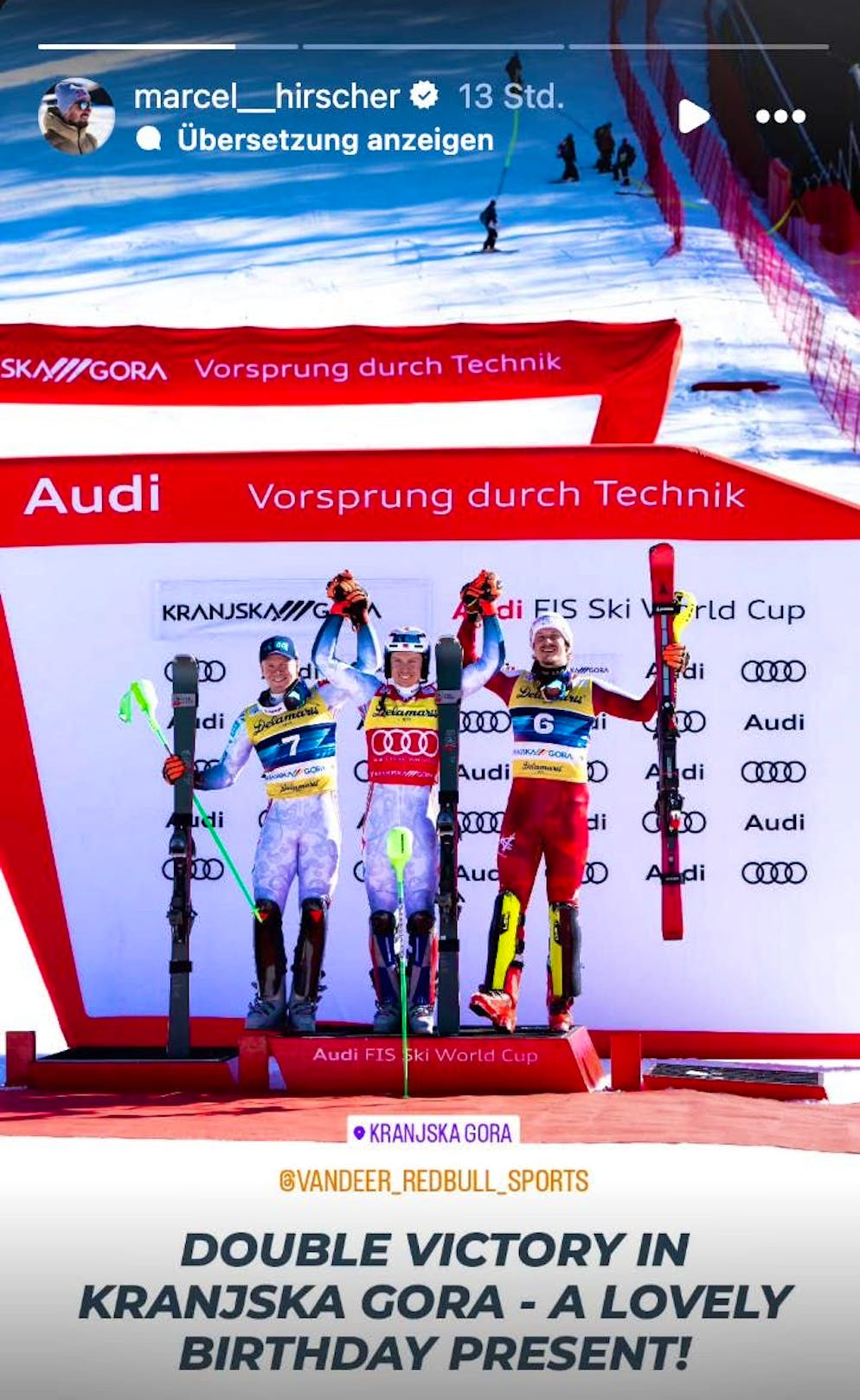 Marcel Hirscher celebrates Norway's double victory on Instagram.