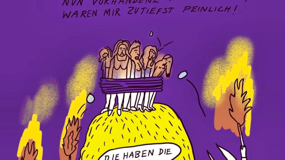 The Aargau-based illustrator Wanda Dufner experienced her own teenage pregnancy as a witch hunt. In her graphic novel "Bauchlandung", she describes how young women become the ideological focus of society: at the stake, mobbed by men and hushed up by women.