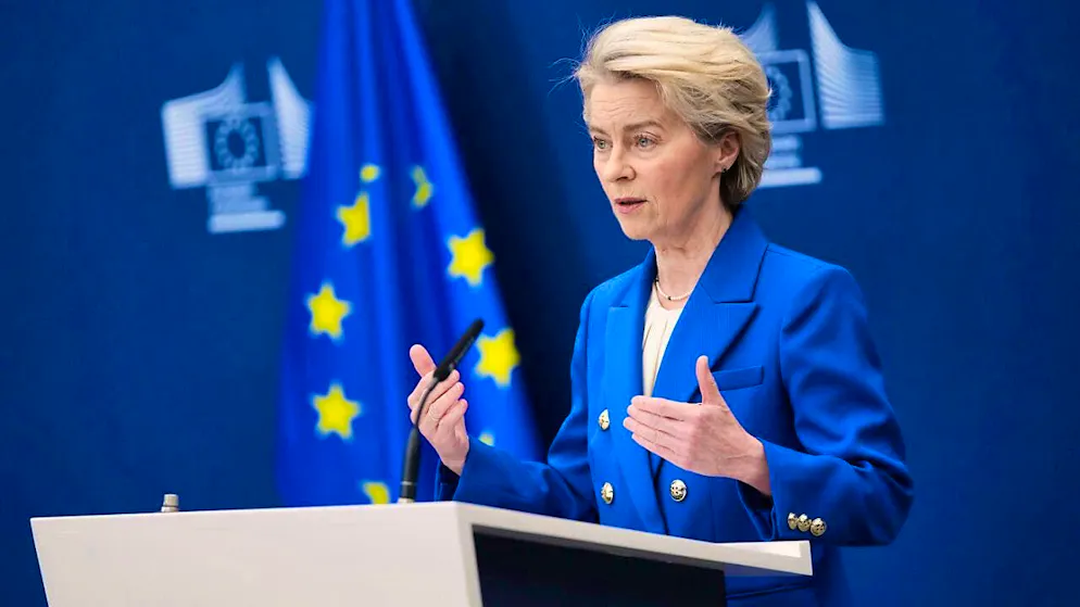 The President of the European Commission, Ursula von der Leyen, speaks during a media conference on the defense package at the EU headquarters. Photo: Virginia Mayo/AP/dpa