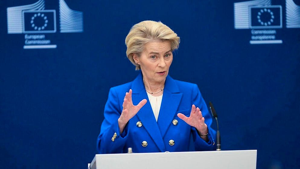 The President of the European Commission, Ursula von der Leyen, speaks during a media conference on the defense package at the EU headquarters. Photo: Virginia Mayo/AP/dpa